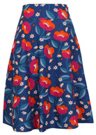 100% cotton royal blue based floral mid length A-line skirt with a wide waistband, pockets, and side zipper