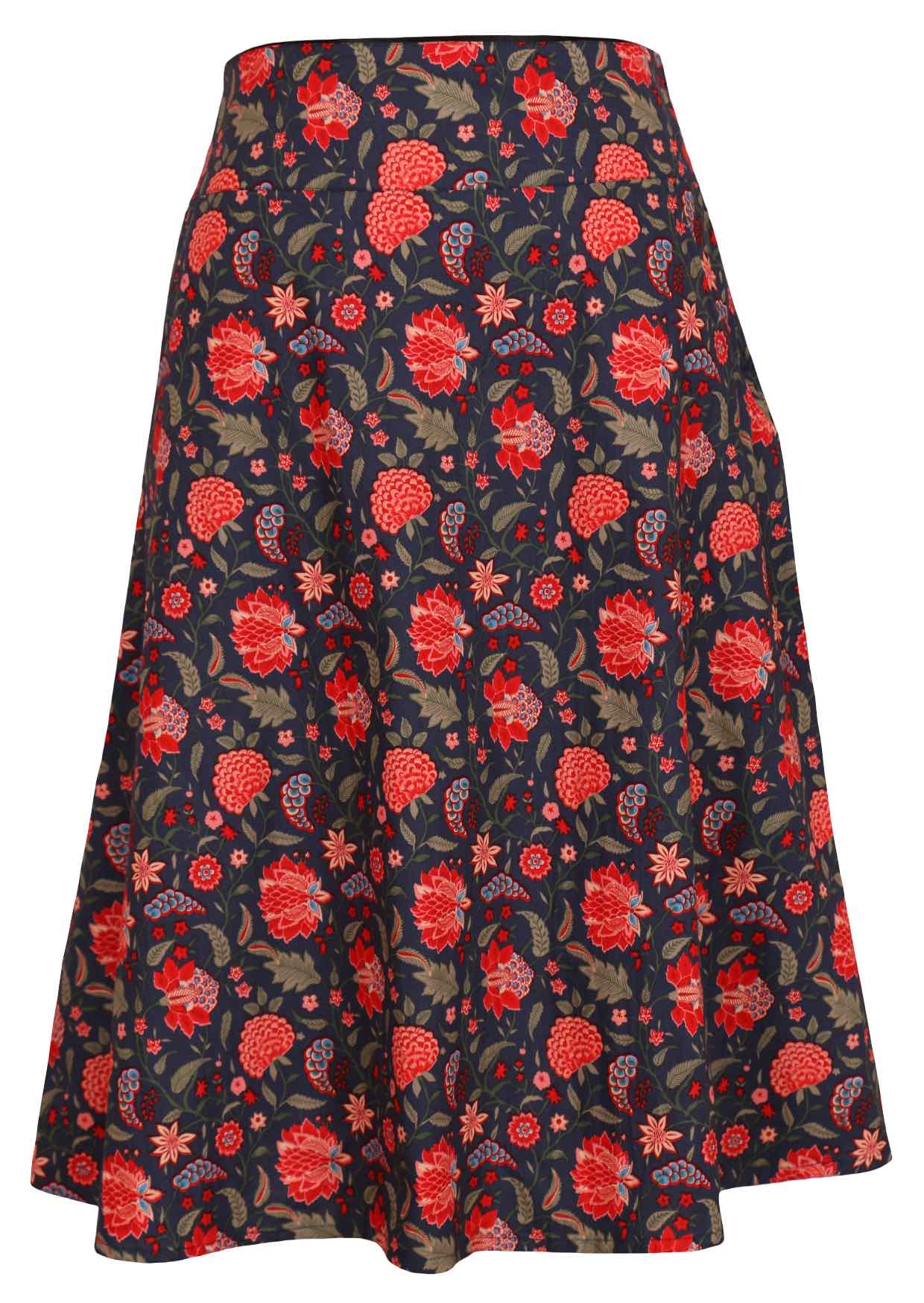 Knee length, A line cotton skirt with wide waistband, pockets and side zipper.