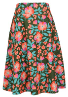 100% cotton olive green based floral mid length A-line skirt with a wide waistband, pockets, and side zipper