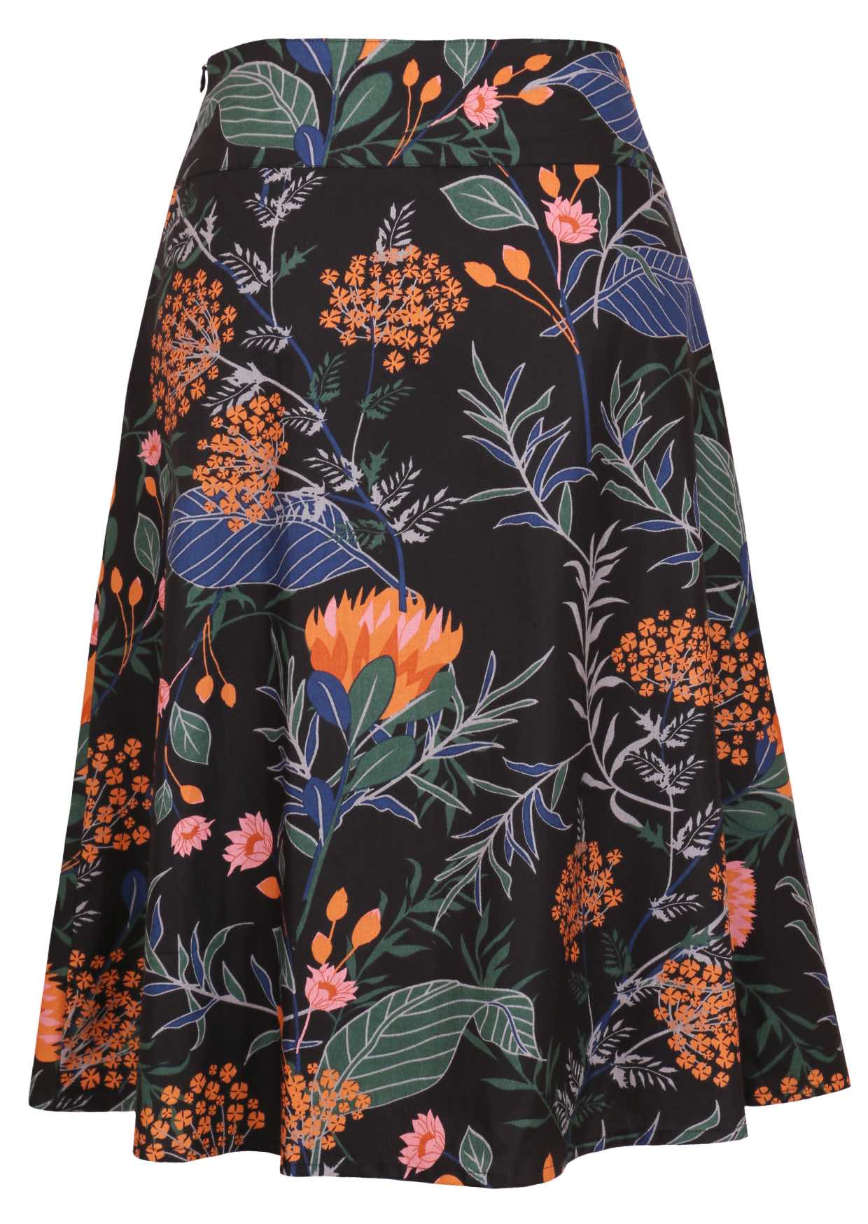 100% cotton black printed midlength A-line skirt with a wide waistband, pockets, and side zipper