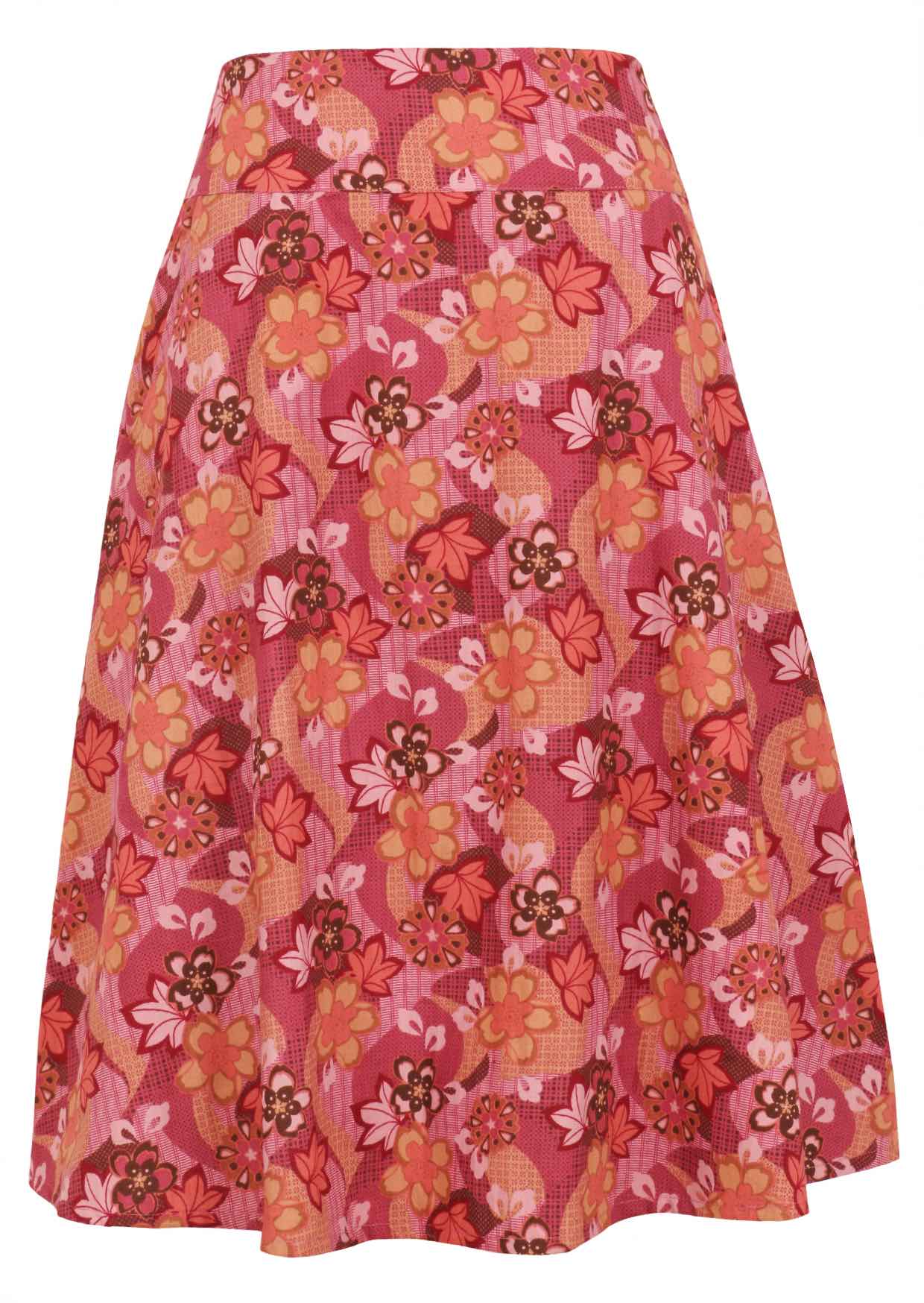 Japanese-style print cotton skirt in pink, maroon, brown, peach, and khaki tones with pockets.