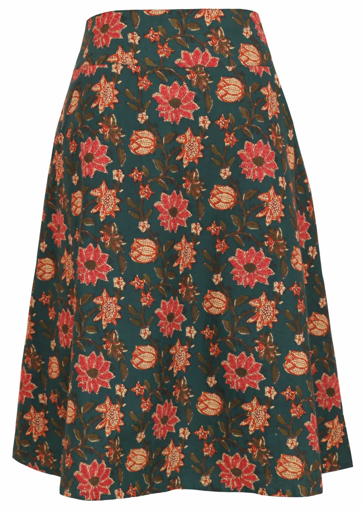 100% cotton midlength, A line skirt with wide waistband, pockets and side zipper