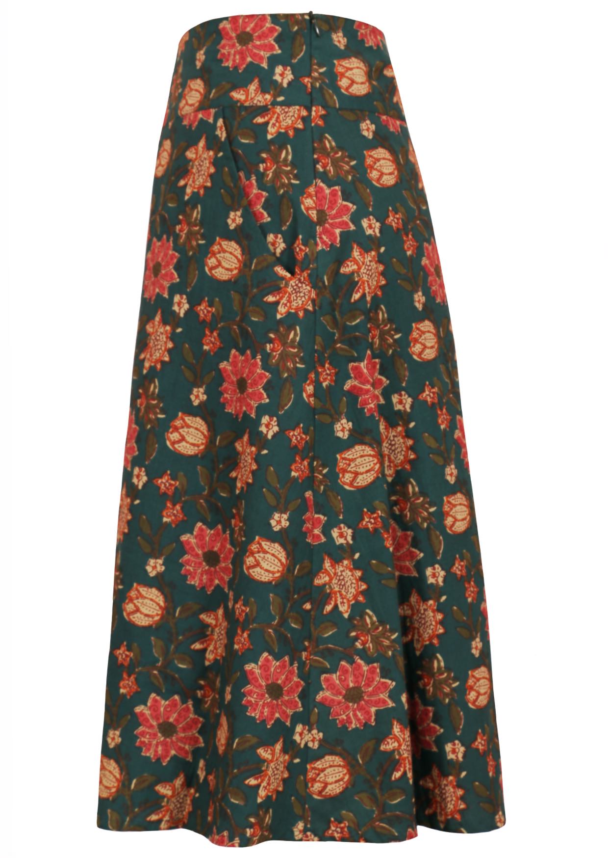 Side image of beautiful floral printed, A line cotton skirt with side zipper and pockets