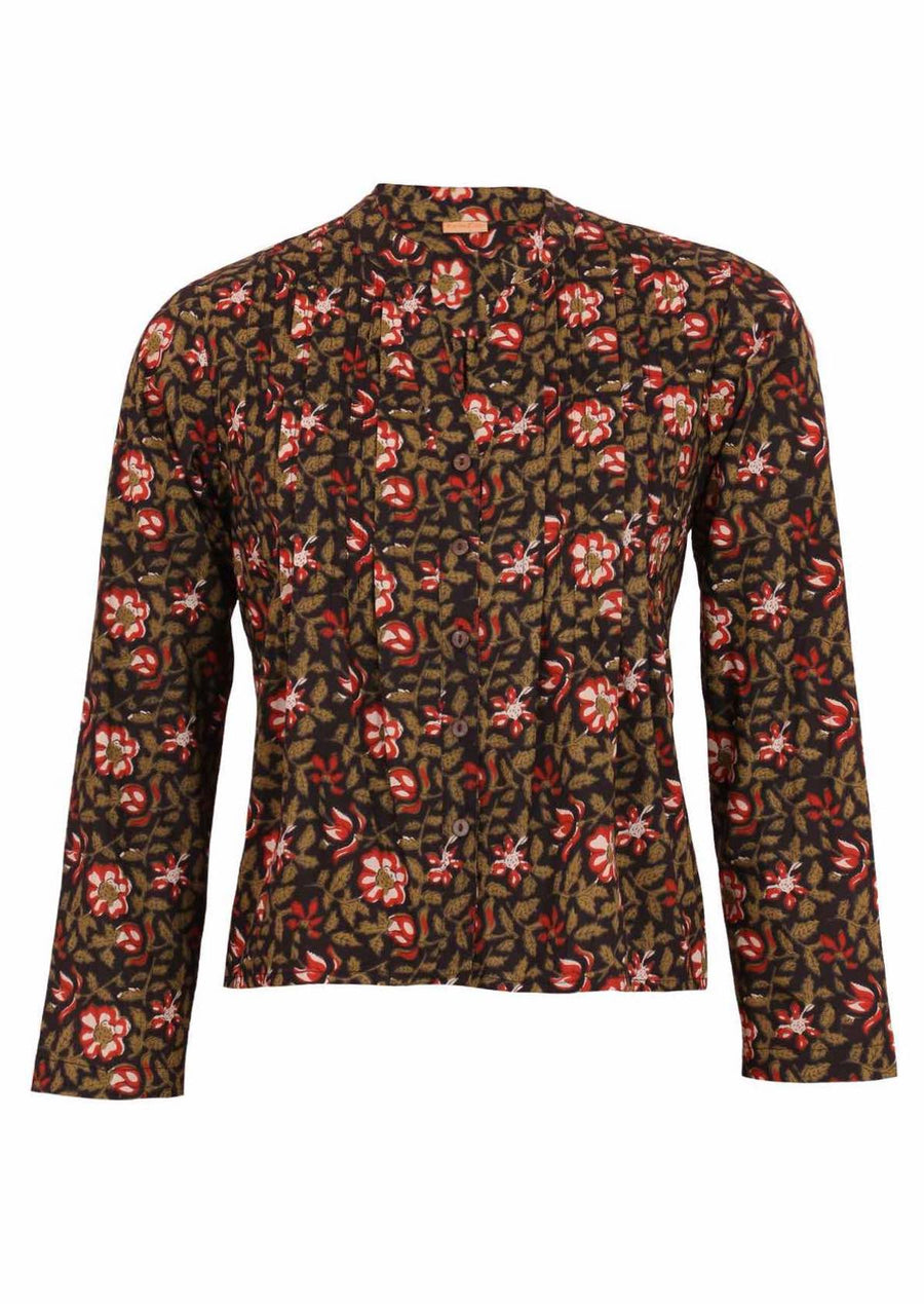 Model in Asha Top Wild Rose black floral print cotton blouse