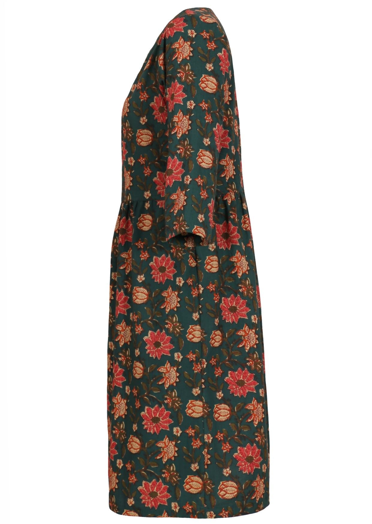 100% cotton knee length dress with pockets, 3/4 sleeves and  pinkish floral print on dark green base.