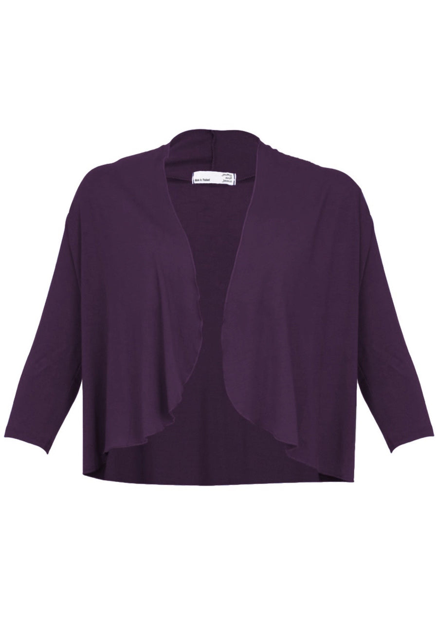 Bolero Cardi. open drape front 3/4 sleeve sits at waist length soft stretch rayon dark purple | Karma East Australia