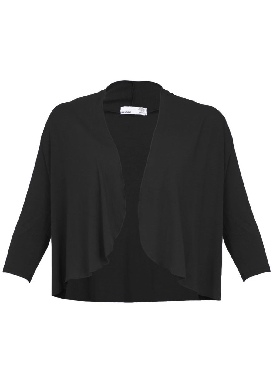 Bolero Cardi. open drape front 3/4 sleeve sits at waist length soft stretch rayon black | Karma East Australia