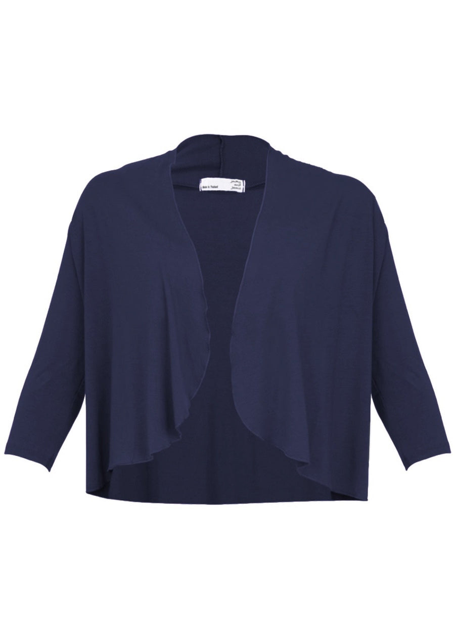 Bolero Cardi. open drape front 3/4 sleeve sits at waist length soft stretch rayon navy blue | Karma East Australia