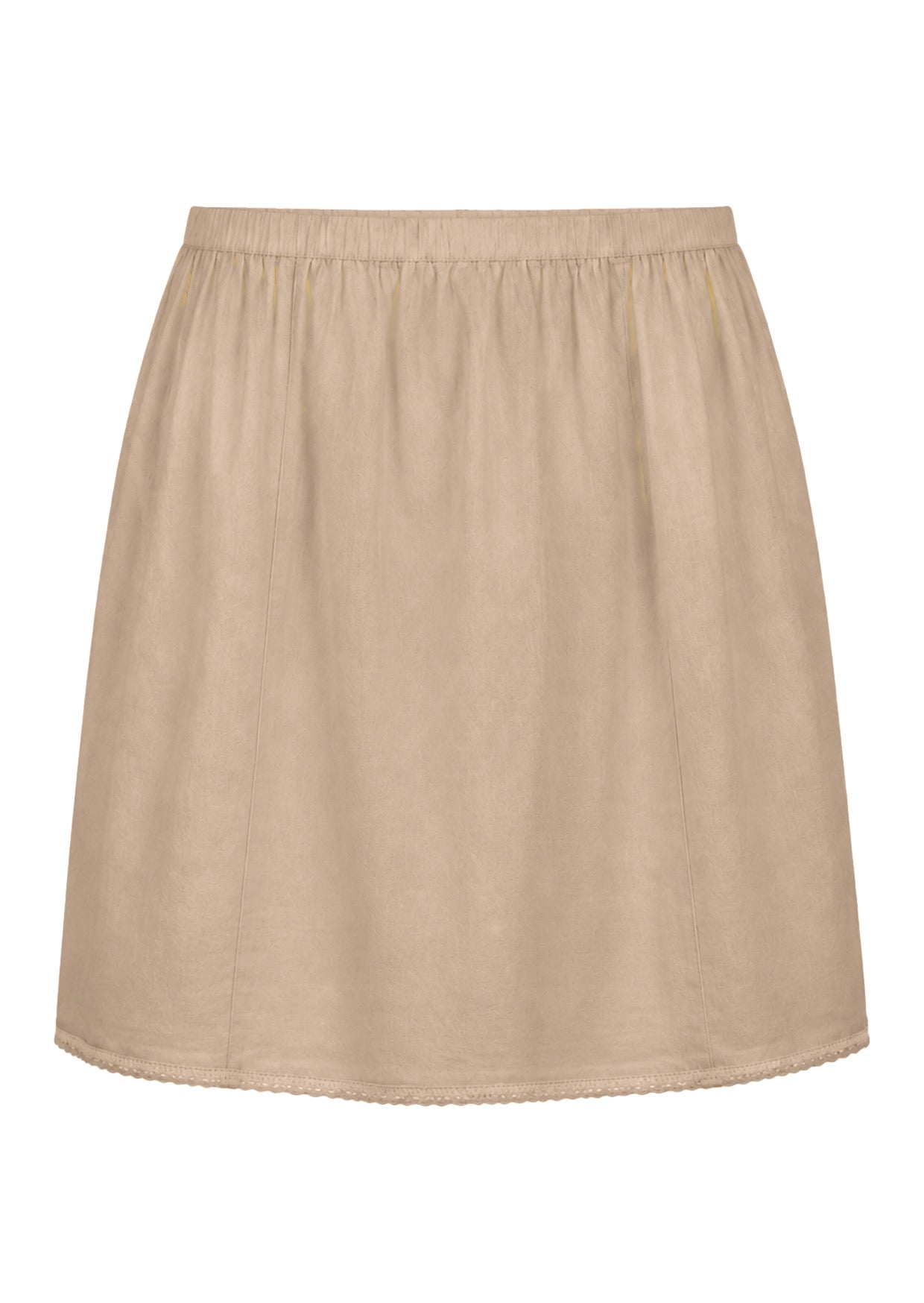 Nude toned slight A-line cotton slip skirt with elasticated waist and picot trim on hem, front view