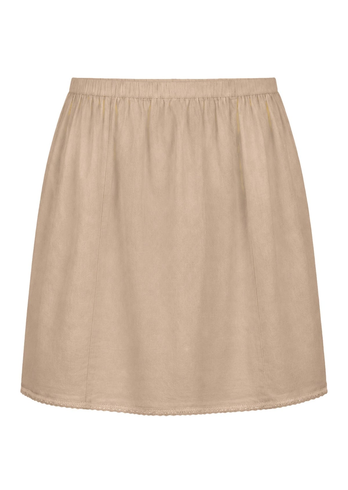 Nude toned slight A-line cotton slip skirt with elasticated waist and picot trim on hem, front view