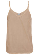 A light beige cotton camisole tank top with thin spaghetti straps and a V-neckline, shown against a plain white background.