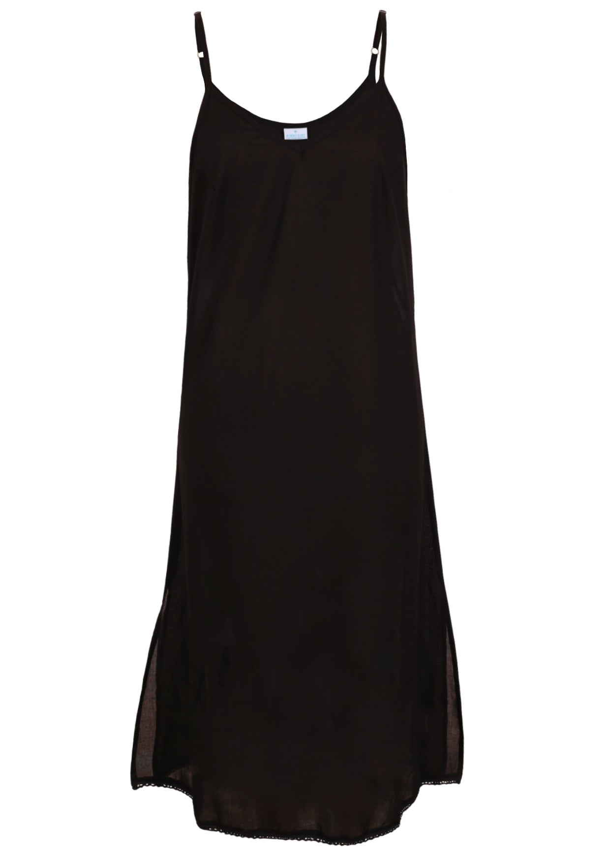 Black cotton voile slip dress with adjustable spaghetti straps, V-neckline, side splits and a picot trim hem, front view