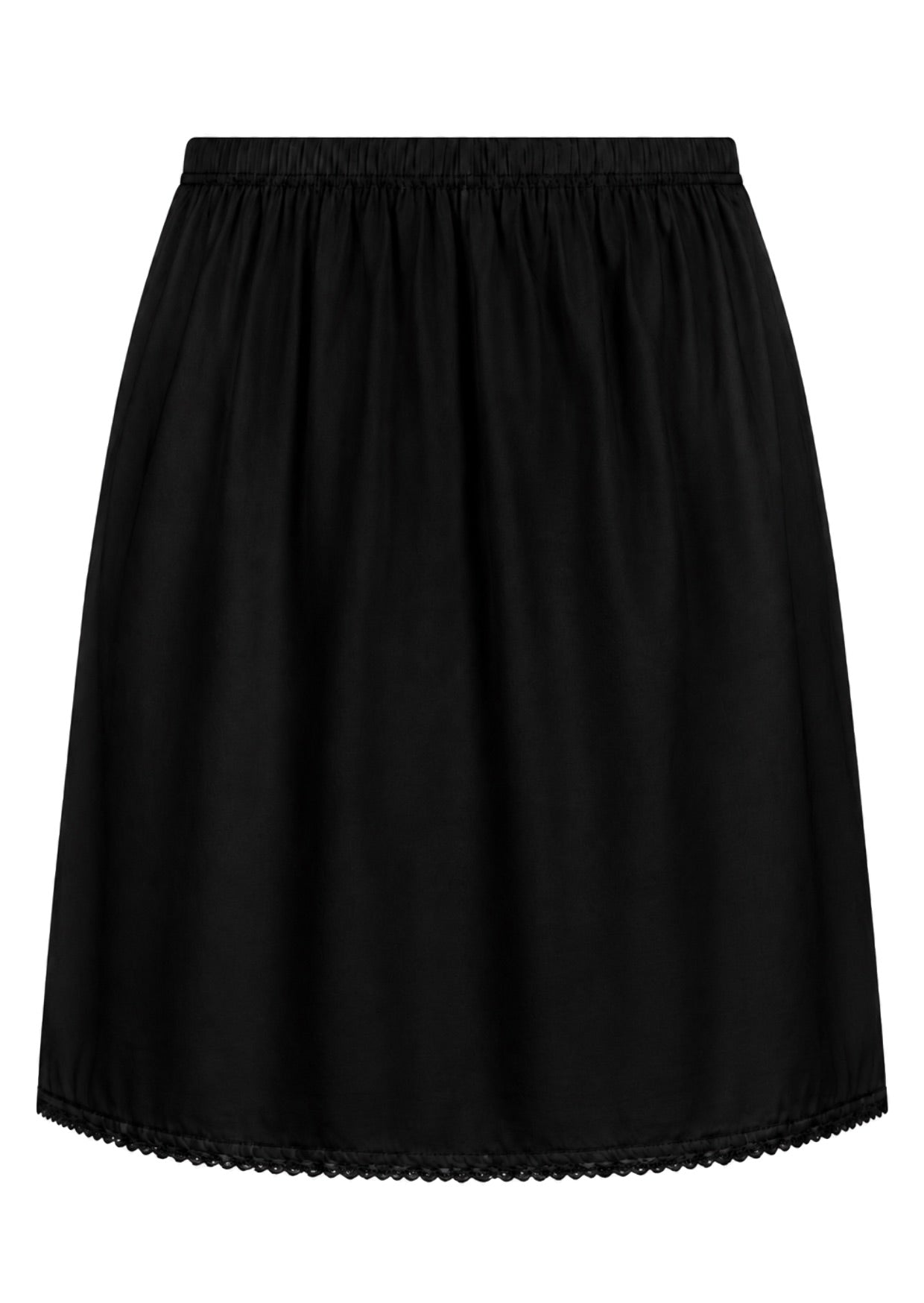 Black slight A-line cotton slip skirt with elasticated waist and picot trim on hem, front view