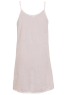 White cotton slip dress with thin adjustable spaghetti straps and a V-neckline, back view