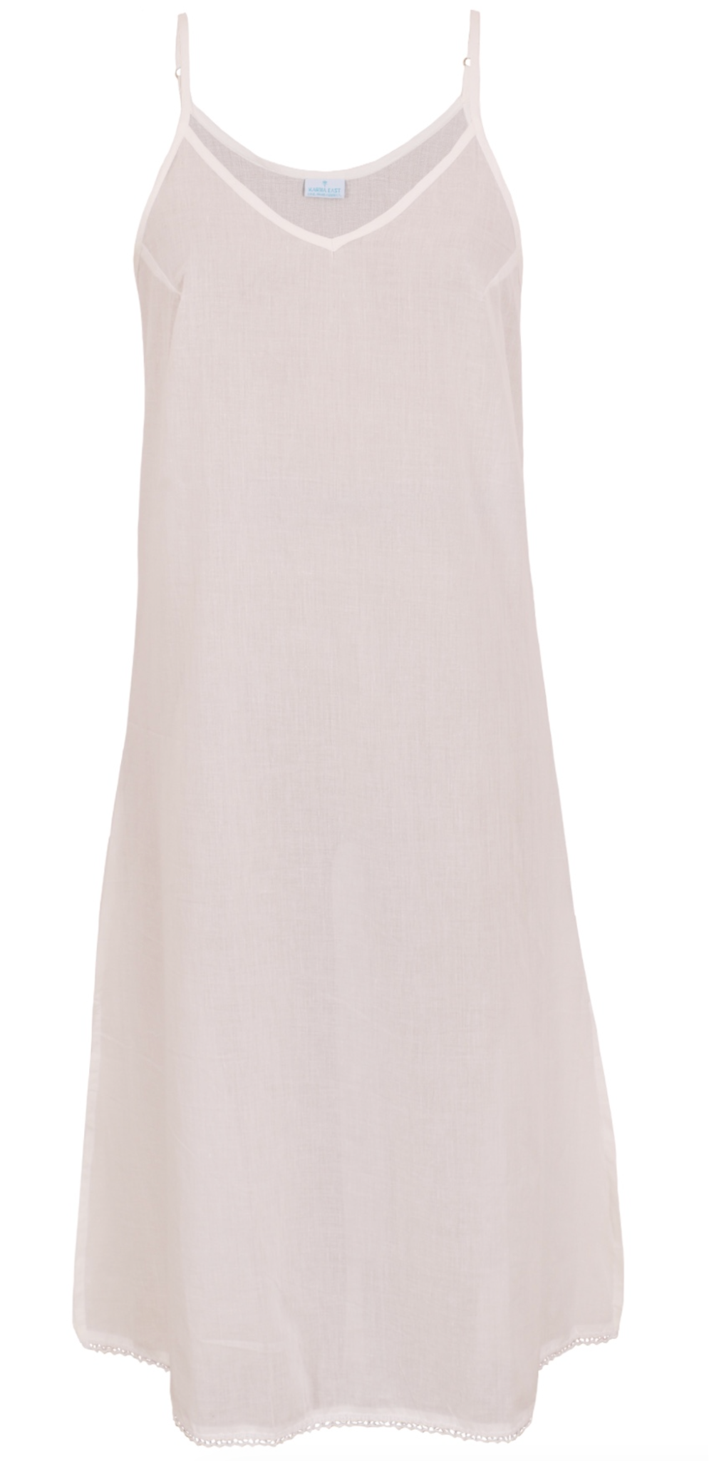 White cotton voile slip dress with adjustable spaghetti straps, V-neckline, side splits and a picot trim hem, front view
