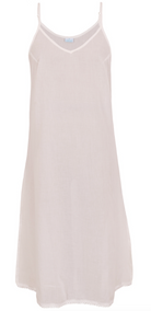 White cotton voile slip dress with adjustable spaghetti straps, V-neckline, side splits and a picot trim hem, front view
