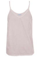 White cotton camisole top with adjustable spaghetti straps, a V-neckline and picot trim, front view