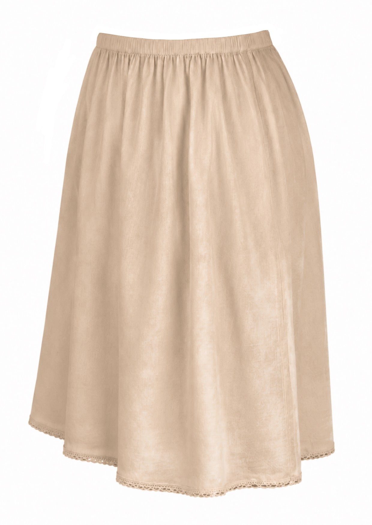 Nude toned slight A-line cotton slip skirt with elasticated waist and picot trim on hem, side view