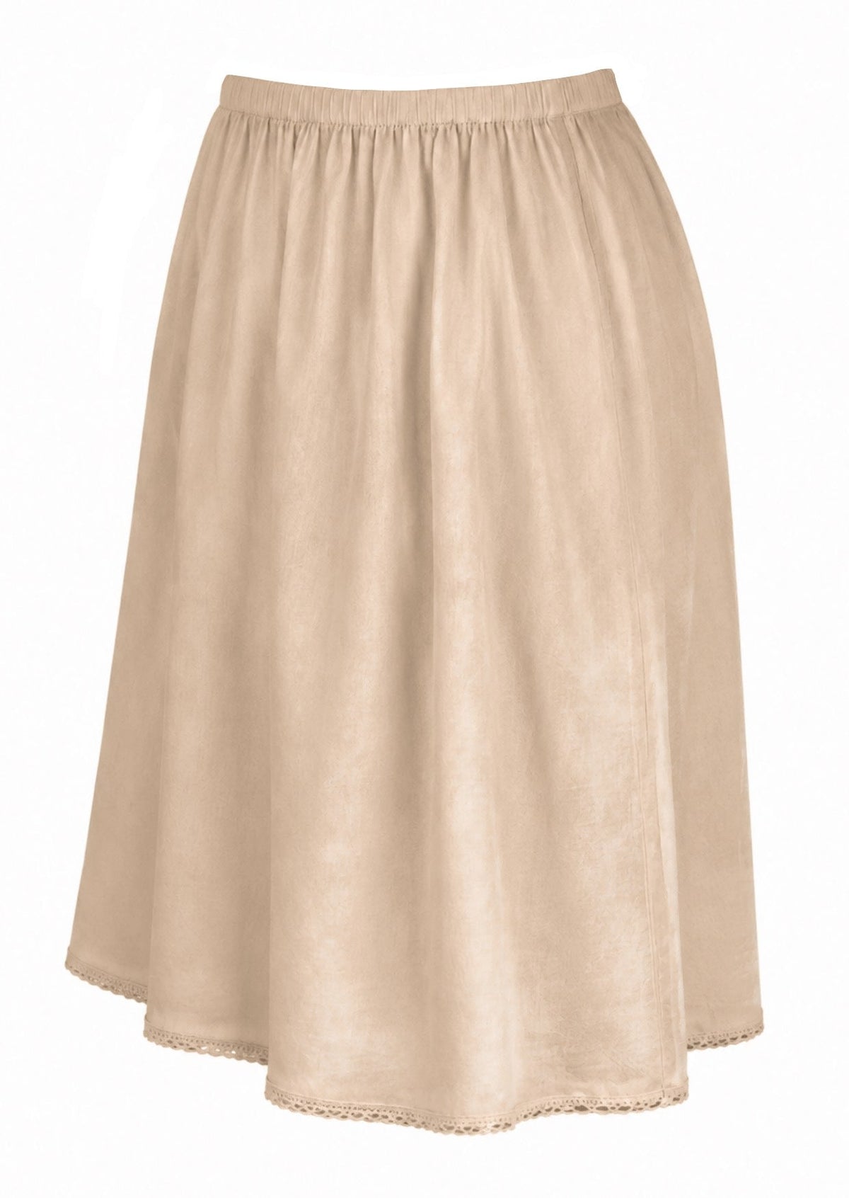 Nude toned slight A-line cotton slip skirt with elasticated waist and picot trim on hem, side view
