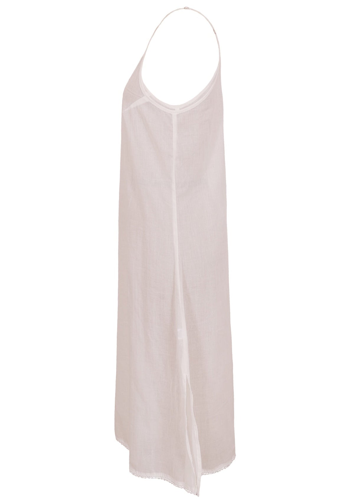 White cotton voile slip dress with adjustable spaghetti straps, V-neckline, side splits and a picot trim hem, side view
