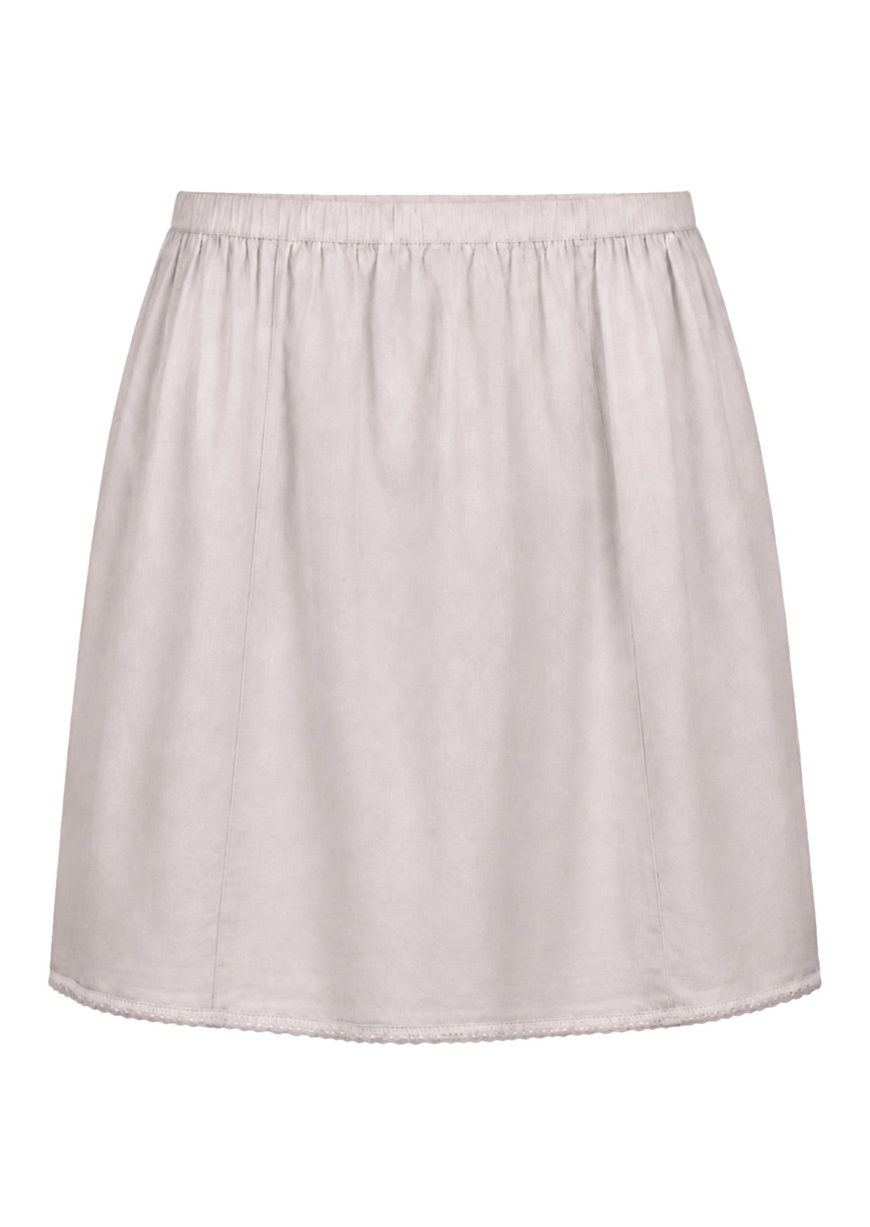 White slight A-line cotton slip skirt with elasticated waist and picot trim on hem, back view