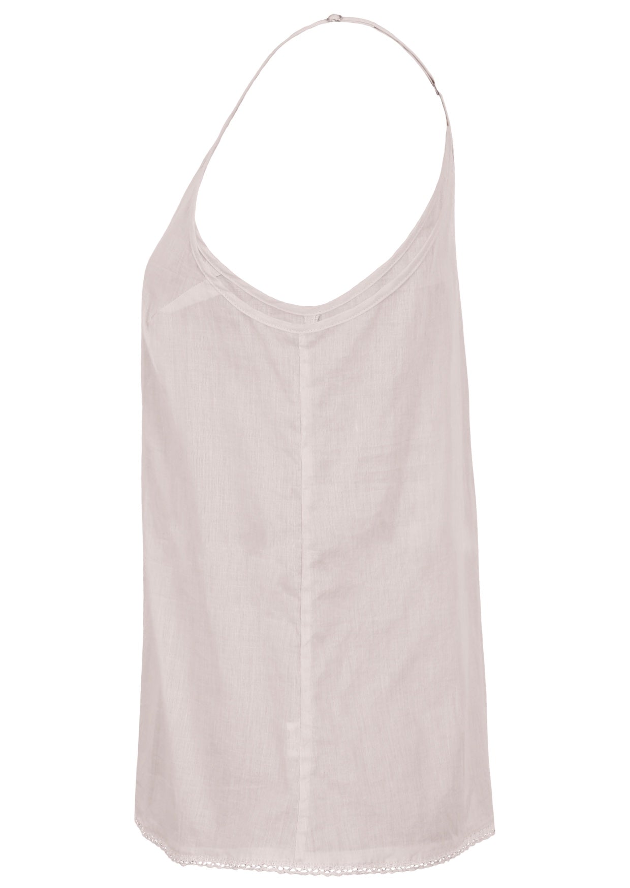 White cotton camisole top with adjustable spaghetti straps, a V-neckline and picot trim, side view