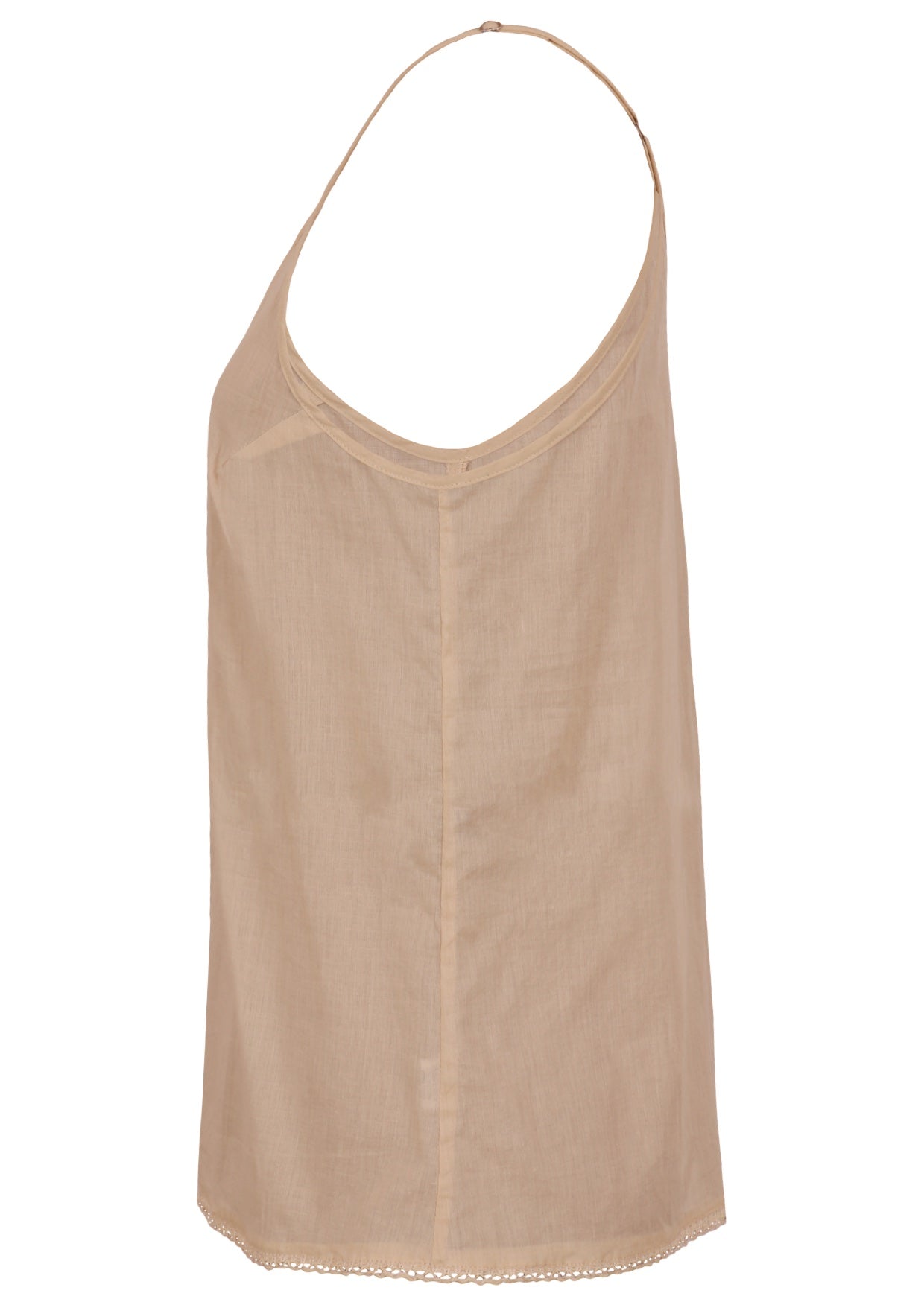 A beige sleeveless camisole top with a wide scoop neckline and thin shoulder straps, shown against a plain white background.