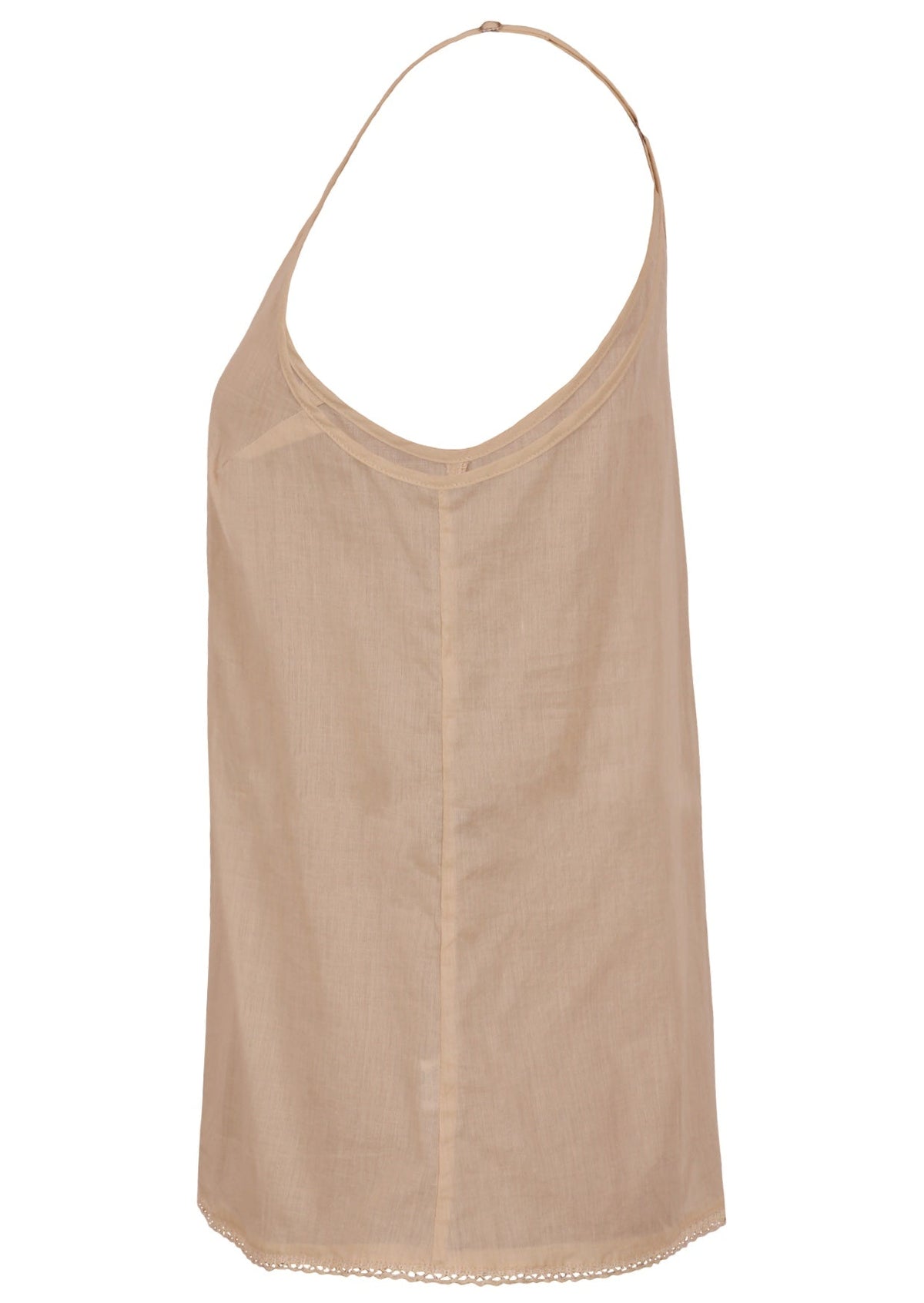 A beige sleeveless camisole top with a wide scoop neckline and thin shoulder straps, shown against a plain white background.