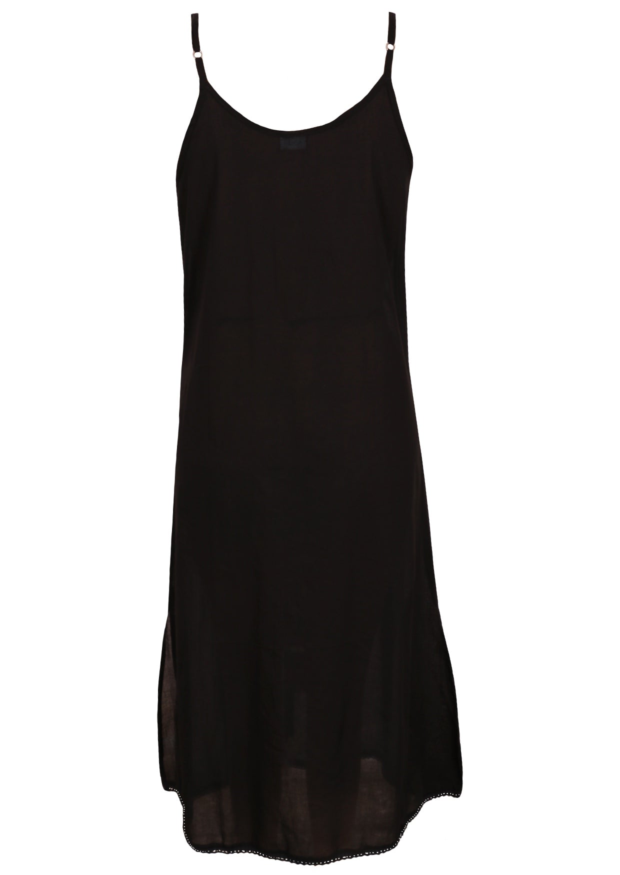 Black cotton voile slip dress with adjustable spaghetti straps, V-neckline, side splits and a picot trim hem, back view