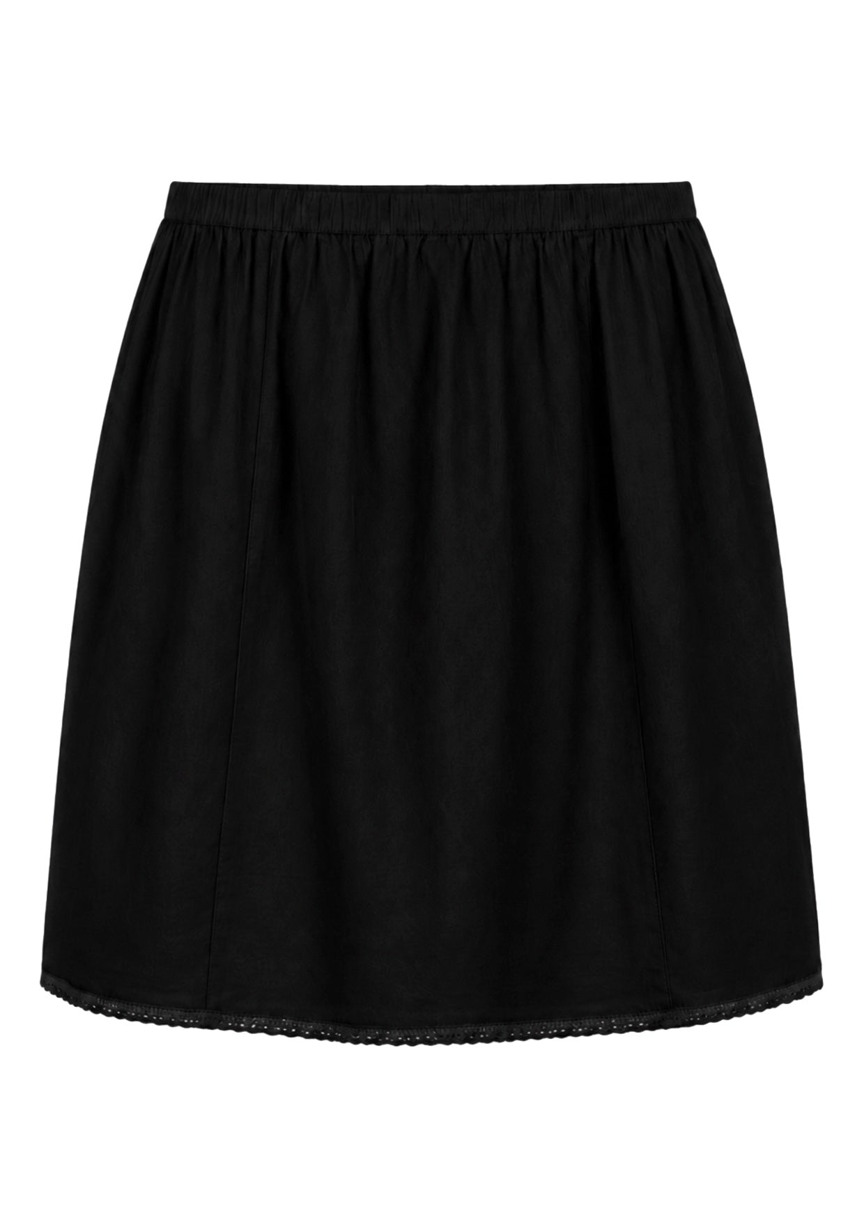 Black slight A-line cotton slip skirt with elasticated waist and picot trim on hem, back view