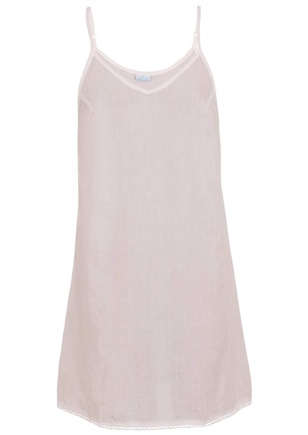 White cotton slip dress with thin adjustable spaghetti straps and a V-neckline, front view