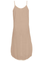 Nude cotton voile slip dress with adjustable spaghetti straps, V-neckline, side splits and a picot trim hem, back view