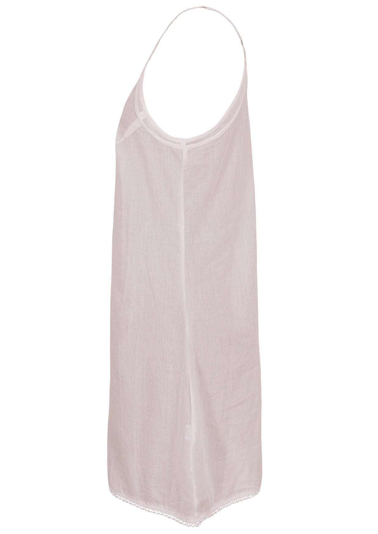 White cotton slip dress with thin adjustable spaghetti straps and a V-neckline, side view
