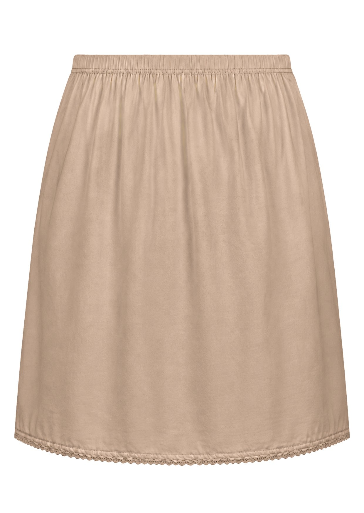 Nude toned slight A-line cotton slip skirt with elasticated waist and picot trim on hem, back view