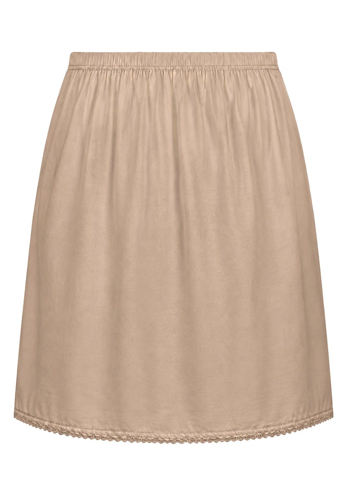 Nude toned slight A-line cotton slip skirt with elasticated waist and picot trim on hem, back view