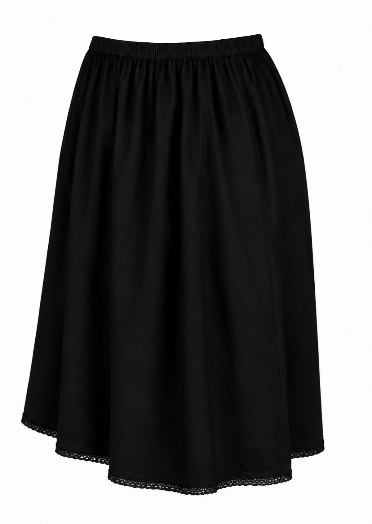 Black slight A-line cotton slip skirt with elasticated waist and picot trim on hem, side view