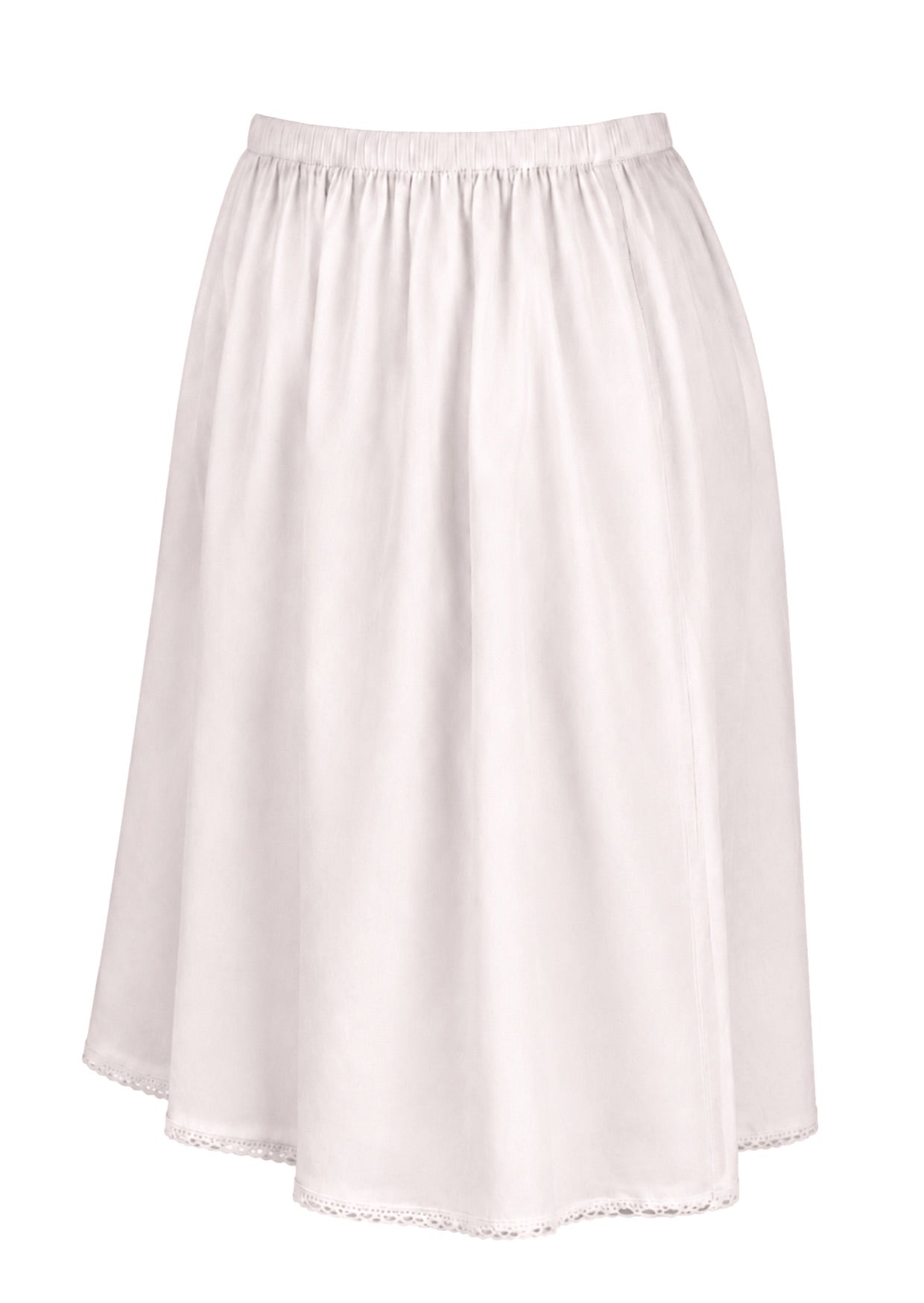 White slight A-line cotton slip skirt with elasticated waist and picot trim on hem, side view