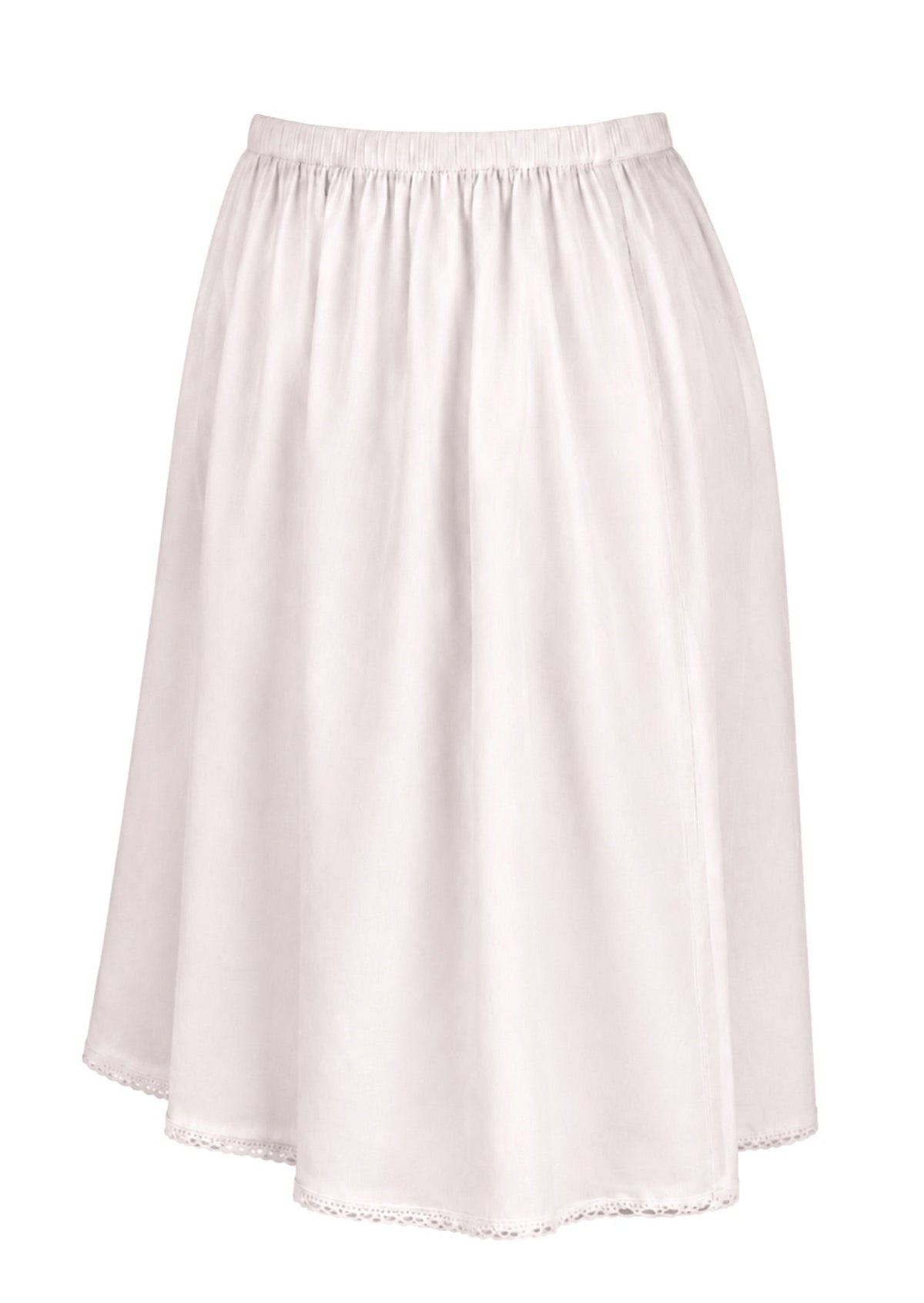 White slight A-line cotton slip skirt with elasticated waist and picot trim on hem, side view