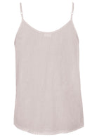 White cotton camisole top with adjustable spaghetti straps, a V-neckline and picot trim, back view