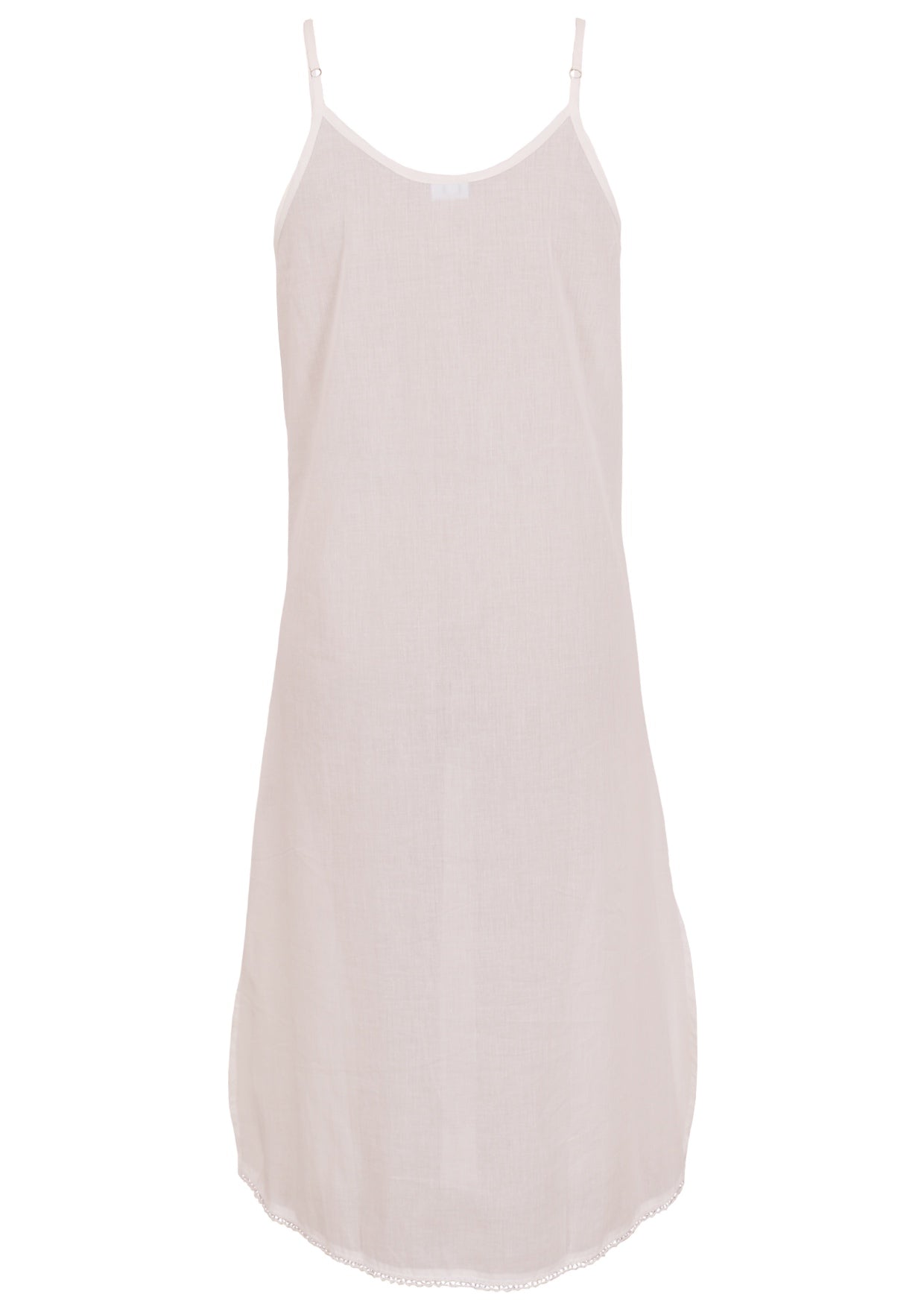 White cotton voile slip dress with adjustable spaghetti straps, V-neckline, side splits and a picot trim hem, back view
