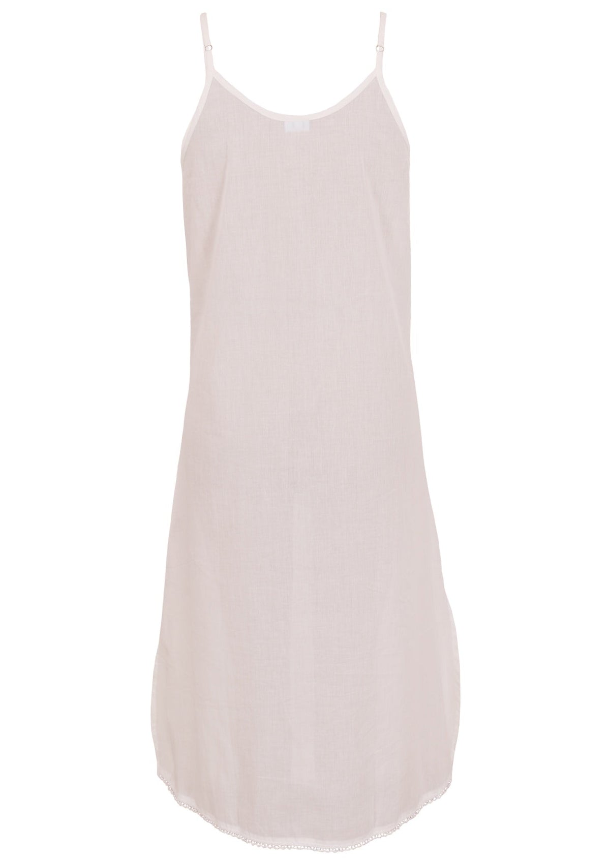 White cotton voile slip dress with adjustable spaghetti straps, V-neckline, side splits and a picot trim hem, back view