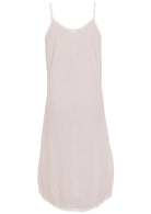 White cotton voile slip dress with adjustable spaghetti straps, V-neckline, side splits and a picot trim hem, back view