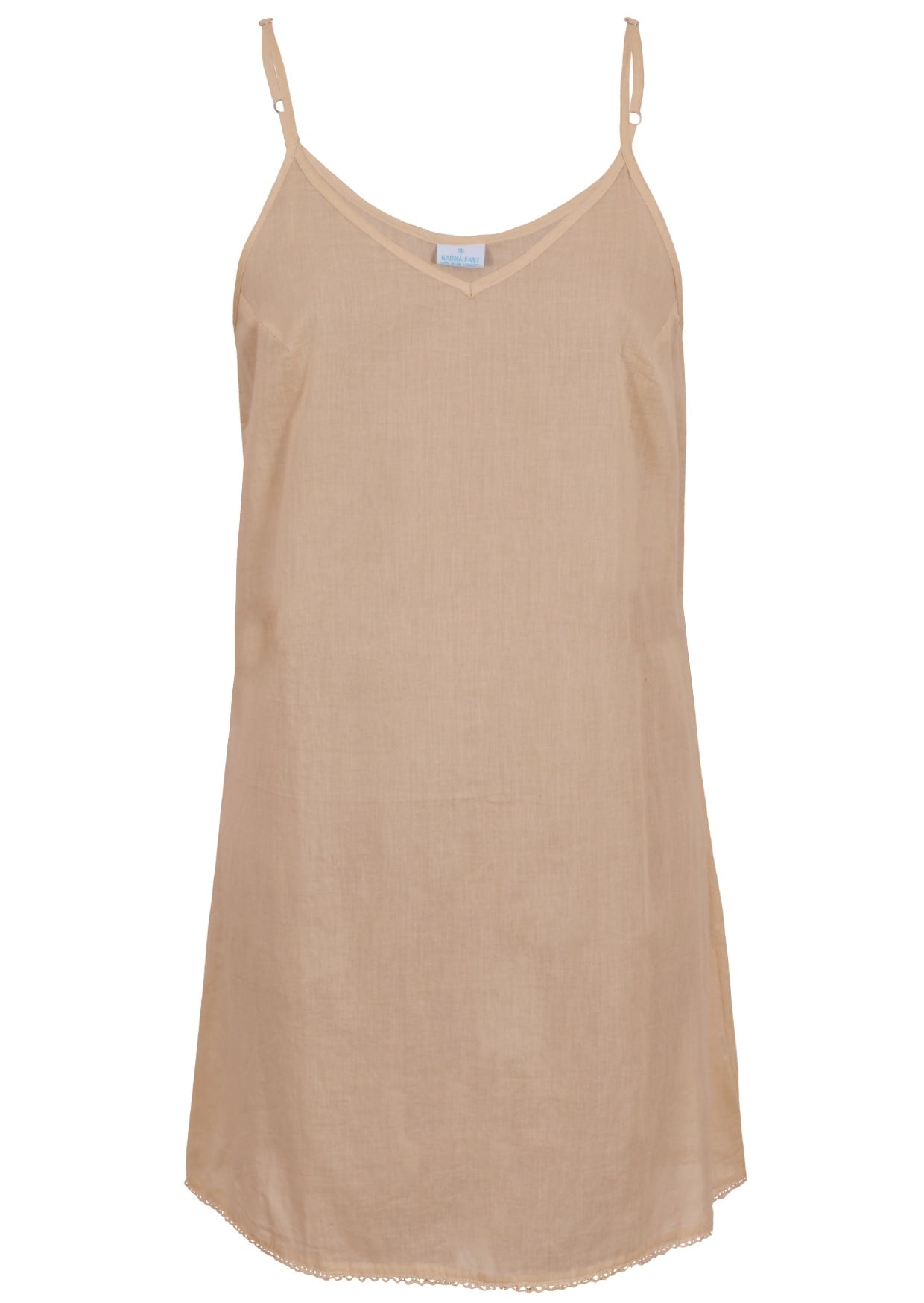 Beige cotton slip v neck with adjustable straps and V-neck, front view