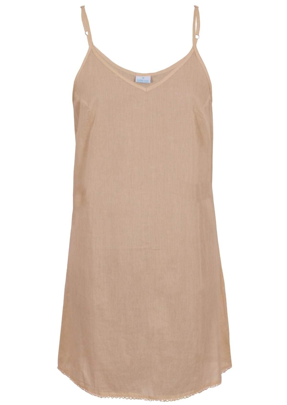 Beige cotton slip v neck with adjustable straps and V-neck, front view