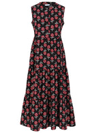 Black sleeveless tiered maxi dress with red folklore floral print, front view
