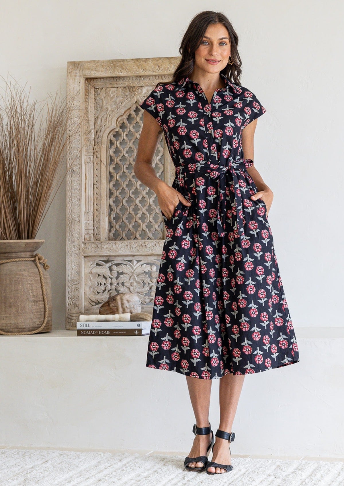 Navy floral midi shirt dress with short sleeves and tie waist, worn by model, full-length view