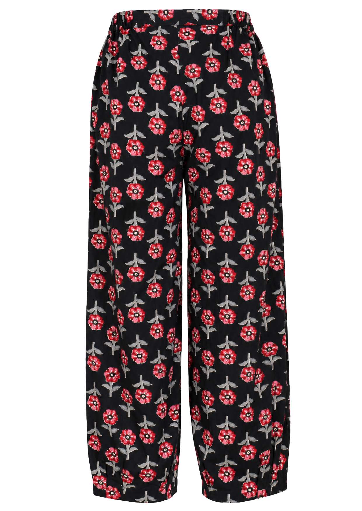 100% cotton boho style wide leg pants with high elasticated waist and pleated ankles.