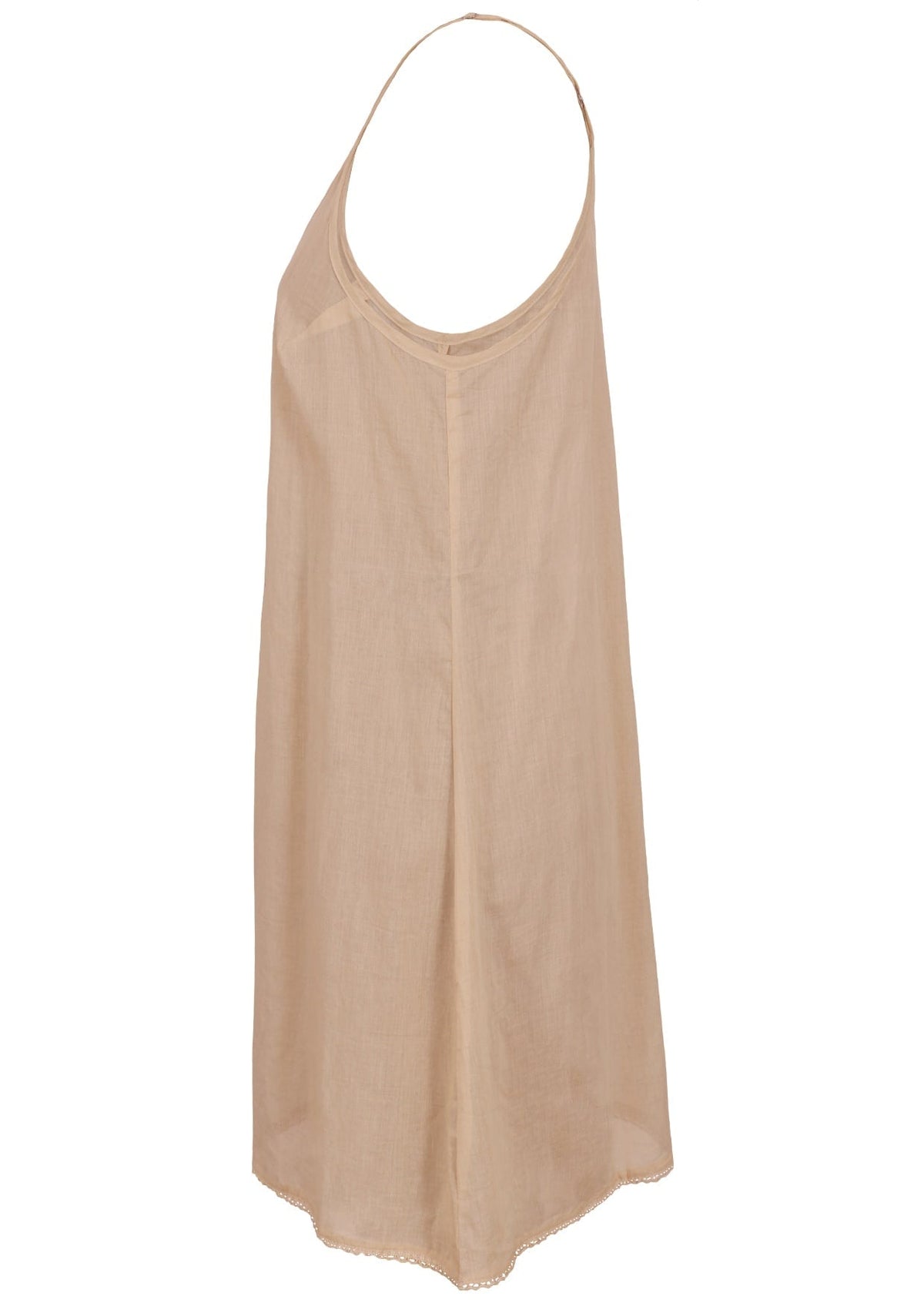 Beige cotton slip with halter neck and lace hem, side view