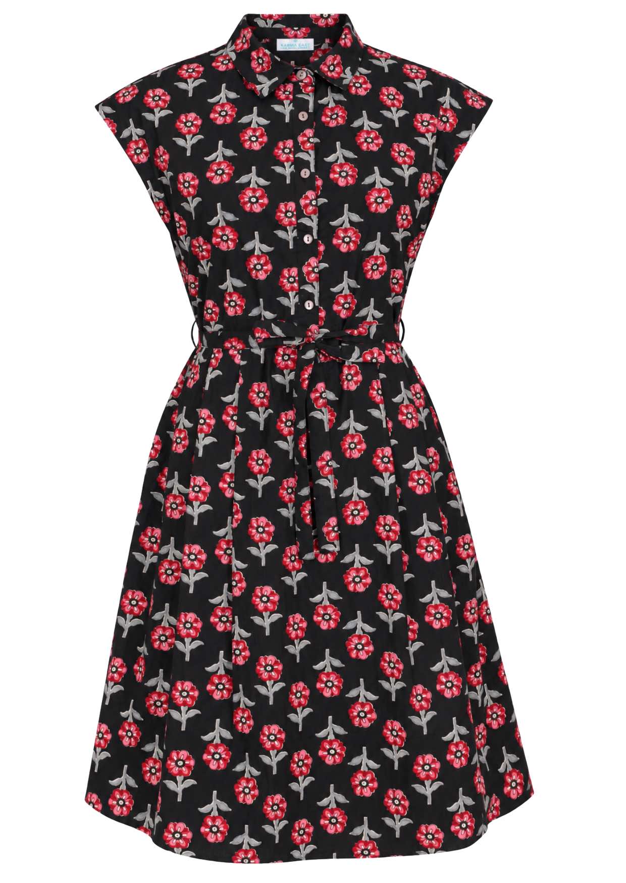 Front view cotton Ursula Dress in Folklore print on mannequin