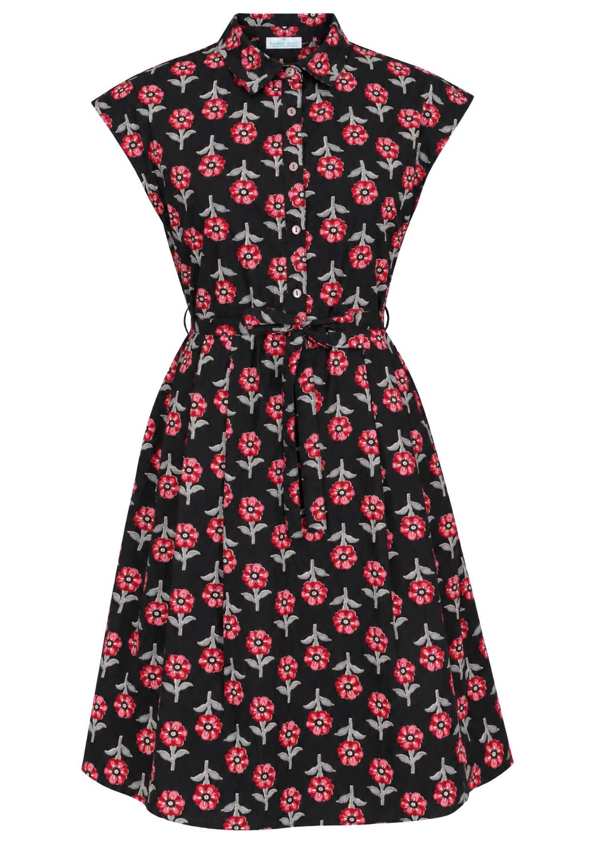 Front view cotton Ursula Dress in Folklore print on mannequin